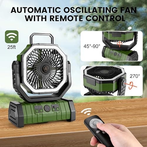 Odoland 30000mAh Camping Fan with LED Lantern, Rechargeable Battery Operated Oscillating with Remote & Hook, Portable Tent Fan with Timer, 4 Speeds for Outdoor Camp RV Jobsite Power Outage, Green thumbnail 6