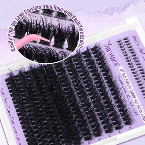 Yawmaica Lash Clusters Kit with Bottom Lashes Wispy Eyelash Extension Kit 200D Volume Eyelash Clusters 12-20mm D Curly Individual Lashes DIY Lash Extension Kit with Lash Bond and Seal Lash Tweezers thumbnail 7
