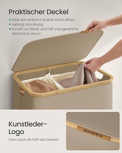 SONGMICS Wäschekorb mit Deckel, Wäschesammler mit 2 Fächern, 130 L, herausnehmbarer Wäschesack, Oxford-Gewebe, Griffe aus Bambus, zusammenklappbar, 52 x 38,5 x 70,5 cm, kamelbraun LCB513LJ01 thumbnail 5
