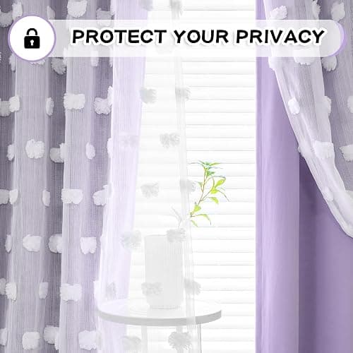 MYSKY HOME Girls Curtains for Bedroom Lilac Curtains 90 Inches Long Nursery Curtains White Pom Pom Sheer Curtains for Dining Room Grommet Double Layer Toddler Room Darkening Window Panels W52 X L90 thumbnail 6