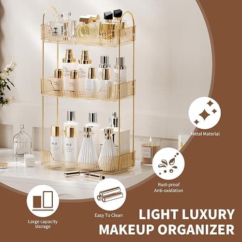 akinbas 3 Tier Bathroom Organizer Countertop Makeup Perfume Tray Skincare Organizer for Bathroom Dresser Vanity (Gold) - Gold - 3 Tier thumbnail 4