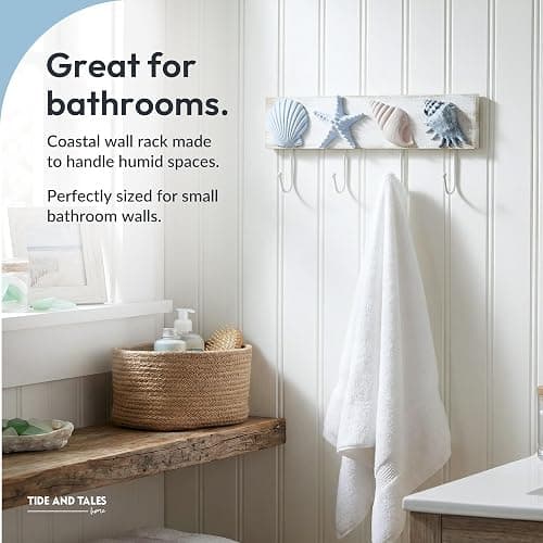 Tide and Tales Seashell Towel Rack, Beach Decor for Bathroom, Coastal Theme | 16.5", 3d Textured Seashells, 4 Strong Hooks, for Bathroom, Bedroom or Kitchen, Beach House Decor, Key Holder, Gift-Boxed thumbnail 5