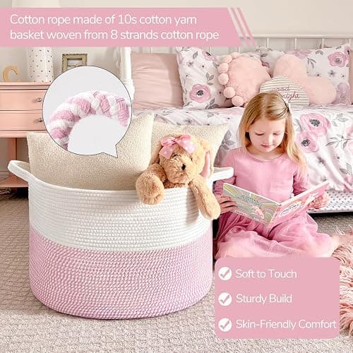 INDRESSME XXXLarge Storage Basket with Handle, Pink Laundry Basket for Nursery Stuffed Animal Storage, Baby Baskets Kids Toy Organizer, 21.7" x 21.7" x 13.8", Pink thumbnail 3