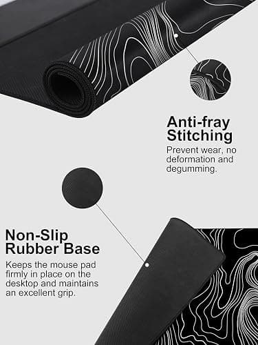TopMade Mouse Pad with 15W Fast Wireless Charging, 31.5"x15.75" XXL Large Gaming Waterproof Desk Pad with Ultra-Smooth Surface, Non-Slip Base, Computer Desk Mat, Black Topographic Map #2 thumbnail 6