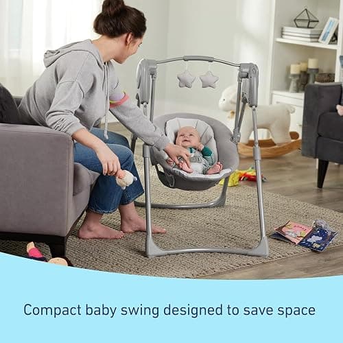 Graco Slim Spaces Compact Baby Swing, Space Saving Portable Bay Swing with Height Adjustable Legs & Soft Toys, Reign thumbnail 5