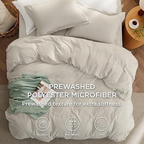 Bedsure Duvet Cover Queen Size with Fitted Sheet - 4 Pieces Prewashed Cotton-Like Extra Soft Bedding Set, Includes 1 Duvet Cover 90x90 Inches with Zipper Closure, 2 Pillow Shams, 1 Fitted Sheet, Linen thumbnail 3