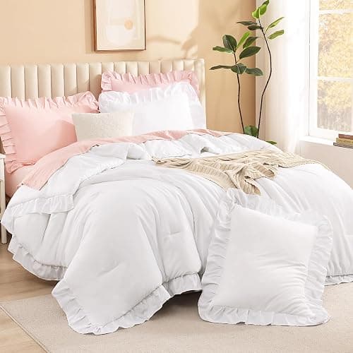Litanika White Comforter Queen Size Set, 3 Pieces Ruffle Shabby Chic Farmhouse Women Vintage Aesthetic Bedding Set & Collections, Winter Fluffy Microfiber - Image 1