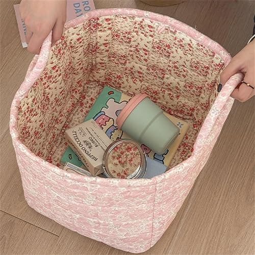 Boho Fabric Storage Basket Quilted Floral Print Baskets Organizer Bin with Handles for Home, Picnic, Shopping (Pink, L) thumbnail 6