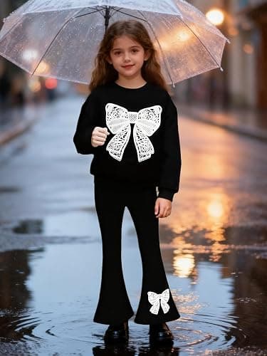 Vitalique Girls Clothes Fall Long Sleeve Lace Bow Print Sweatshirt Flared Pants 2PCS Set Little Girl Outfits Size 6-14 thumbnail 2