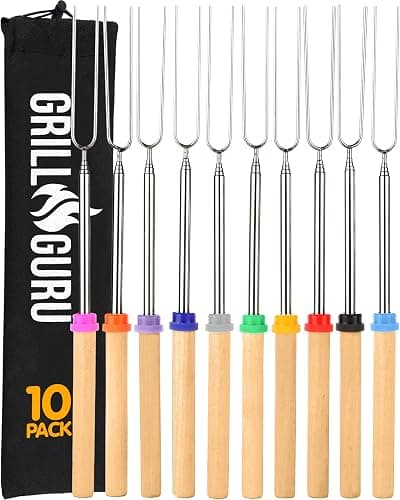 Grill Guru Smores Sticks for Fire Pit - Accessories for Campfire Marshmallow Roasting Sticks Smores Kit Outdoor-Smore Skewers Hot Dog Fork For Outside, Camping Essentials Bonfire Gear Long 32" 10 Pack - Image 1