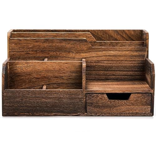 Pumtus Brown Wooden Mail Organizer, Desk Organizer with 7 Compartments and Drawer, Rustic Mail Sorter with Pen Holder, Tabletop Mail Basket, Office Accessories Holder for Pen File Letter Document thumbnail 8