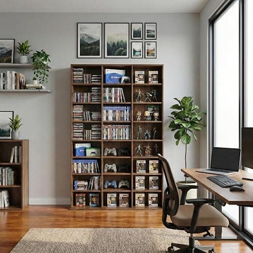 holzart 8-Tier Media Storage Cabinet, Tall Wooden CD DVD Rack Organizer, Freestanding Media Display Shelf Tower for Video Games, Movies, Books and Collectibles, 40" x 64", Rustic Brown Finish thumbnail 7