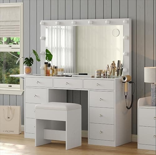 9 Drawers Vanity Desk, Makeup Vanity with Power Outlet, Vanity with 12 LED Lights and Mirror, 3 Lighting Modes, Brightness Adjustable, Fold-up Panel, Glass Top Dressring Table for Bedroom, White thumbnail 3