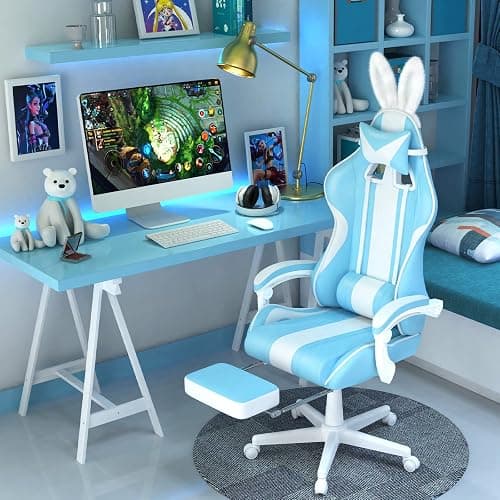 Ferghana Kawaii Light Blue Gaming Chair with Bunny Ears, Ergonomic Cute Gamer Chair with Footrest and Massage, Racing Reclining Leather Computer Game Chair 250lbs for Girls Adults Teens Kids thumbnail 2