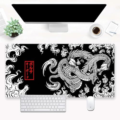 Black and White Mouse Pad Extra Large Gaming Mousepad XL Dragon Desk Mats Japanese Full Desk Keyboard Mat Computer Pad Desk Matt with Stitched Edges Non-Slip Desktop Mat 31.5 x15.7 in - Image 1