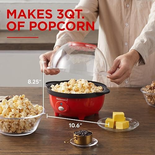 Elite Gourmet EPM330R Automatic Stirring 12-cup Popcorn Maker Popper, Hot Oil Popcorn Machine w/Measuring Cap & Built-in Reversible Serving Bowl, Great for Home Party Kids, Safety ETL Approved, Red thumbnail 3