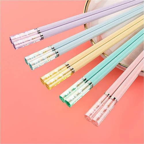 HELERKOL 5 Pairs Fiberglass Chopsticks - Amber Cherry Blossom Pattern, Multicolor - Japanese & Korean Chopsticks - Reusable, Dishwasher Safe - Yellow, Pink, Blue, Green, Purple thumbnail 4