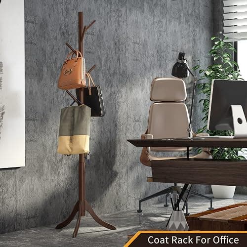 Furshus Coat Rack Freestanding, Coat Stands Entryway, Bamboo Coat Rack Hat Hanger 8 Hook for Jacket, Purse, Scarf Rack, Umbrella Tree Stand (Brown) thumbnail 7