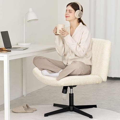 Orange Factory Criss Cross Chair No Wheel Wide Cross Legged Office Desk Vanity Chair Comfy Fabric Armless Adjustable Swivel for Home Computer Task (Beige) thumbnail 3