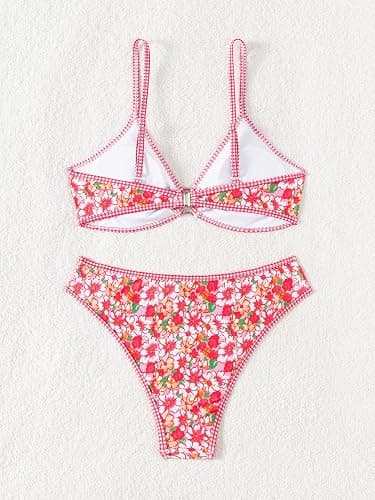 Fanuerg Women's Triangle Bikini Sets O Ring Linked Two Piece Swimsuits Floral Printed Cheeky Bathing Suit thumbnail 5