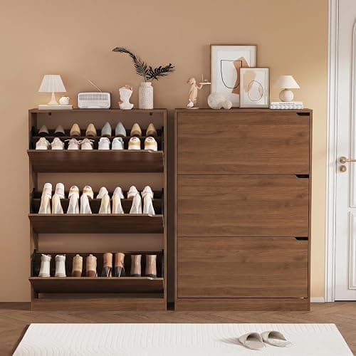 Shoe Storage Cabinet, Wood Shoe Organizer for Entryway with 3 Flip Drawers, Freestanding Shoe Rack with Adjustable Shelf, Narrow Shoe Dresser for Front Door Entrance (Walnut, Standard 3 Drawers) - Image 1