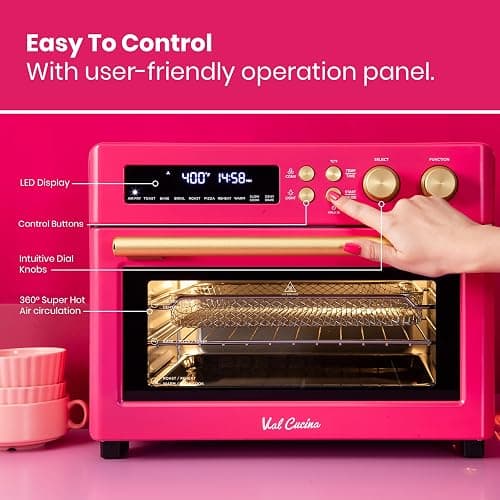 VAL CUCINA Limited Edition Happy Pink Infrared Heating Air Fryer Toaster Oven, Extra Large Countertop Convection Oven 10-in-1 Combo, 6-Slice Toast, Enamel Baking Pan Easy Clean with Recipe Book thumbnail 4