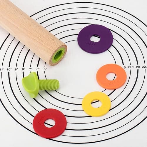 Mepple Adjustable Wooden Rolling Pin with 4 Removable Thickness Rings，Great for Baking Dough, Pizza, Pie, Pastries, Pasta, Cookies and More, 13.6" x 2.5" x 2.5", Multicolor thumbnail 7