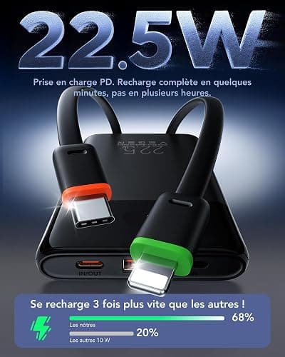 VEGER Batterie Externe 10000mah avec Câble Intégré, Power Bank Portable | 22.5W Charge Rapide, Fin Compact Chargeur USB C avec écran LED, 4 Sorties et 3 Entrées, Compatible avec iPhone Huawei Xiaomi thumbnail 3
