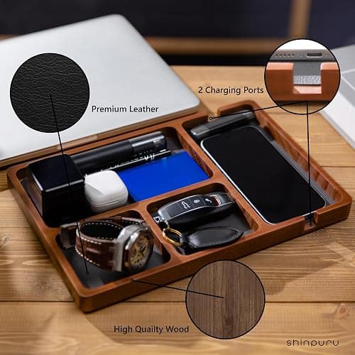 Men's Wooden Valet Tray with Leather Lining Nightstand Organizer, EDC, Catchall Tray - Key Tray, Phone Storage,Valet Tray for Men (Wood) thumbnail 4