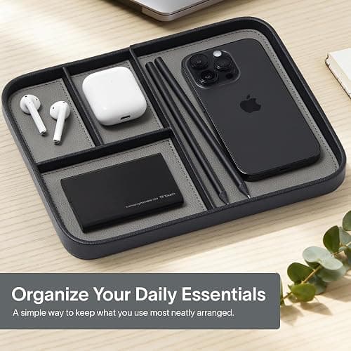 Nordik Leather Valet Tray - Pebble Black - 24x20 cm Medium Vegan Leather Tray for Entryway - Stylish Nightstand Organizer for Men - Modern Bedside Caddy - EDC Catchall for Keys Phone Wallet Jewellery thumbnail 3