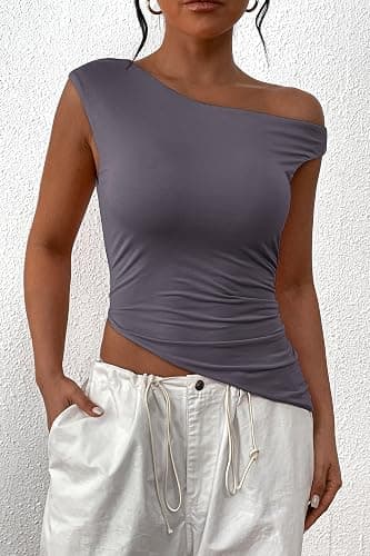 PRETTYGARDEN Womens 2025 Summer Off The Shoulder Crop Tops Sleeveless One Shoulder Ruched Asymmetrical Y2K Going Out Tank Top thumbnail 5