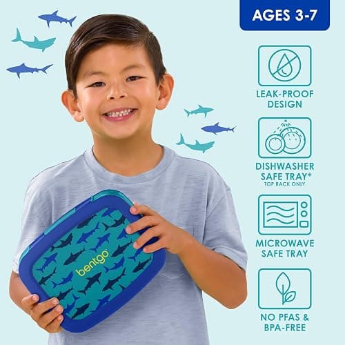 Bentgo Kids Prints Leak-Proof, 5-Compartment Bento-Style Kids Lunch Box - Ideal Portion Sizes for Ages 3-7, Durable, Drop-Proof, Dishwasher Safe, & PFAS & BPA-Free Materials (Sharks) thumbnail 4