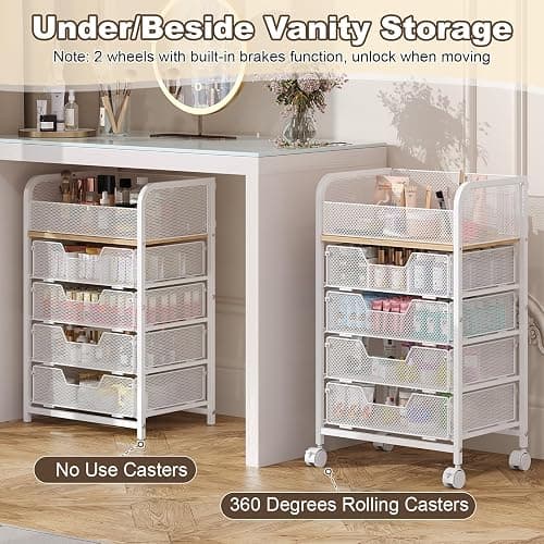 Hongtamoya Makeup Cart Organizer with 4 Drawers, Large Floor Skincare Organizers, Vanity Storage Organizer Cosmetics Display Cases for Skin Care Perfume Nail Polish, White (Patent Pending) thumbnail 4