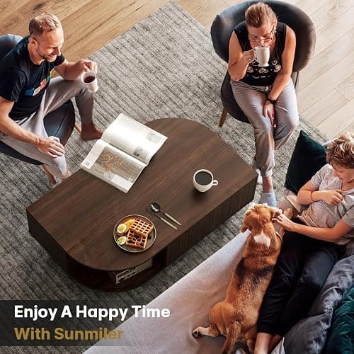 sunmiler Mid-Century Modern 39.4" Coffee Table - Leaf-Shaped Wood Center Table with Storage, Retro Fluted Central Table with Sliding Door & Large Hidden Compartment, for Living Room, Office, Walnut - Walnut thumbnail 8