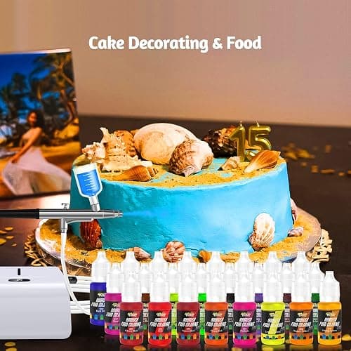 Cake Airbrush Decorating Kit with Compressor: Futebo Cookie Airbrush Kit with 24 Vivid Airbrush Liquid Food Colors, Decorate Cakes, Desserts or Other Baking Food(Color: White) thumbnail 6