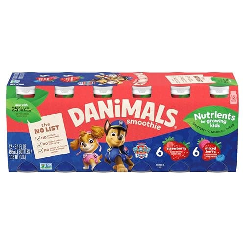 Danimals Smoothie Strawberry and Mixed Berry Dairy Drink Multi-Pack, Creamy and Delicious Low Fat Snacks for Kids, 12 Ct, 3.1 oz Smoothie Bottles - Image 1