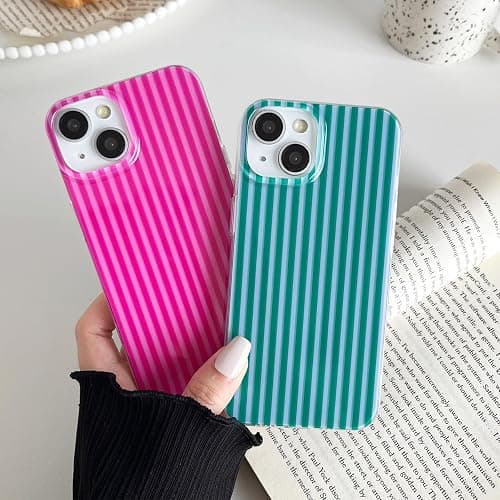 Sayoaho Compatible with iPhone 13/14 Case, Fashion Cute Striped Aesthetic Design for Women, Soft TPU Shockproof Phone Case for iPhone 13/14 6.1 inch, Hot Pink thumbnail 4