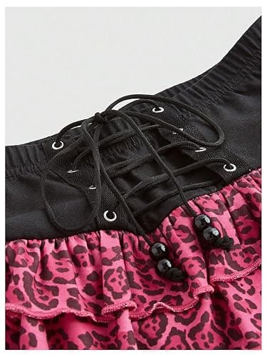 MakeMeChic Women Cheetah Print Y2K Tiered Ruffle Skirts | cheetah print, lace up, flowy skirt, ruffle skirts for women, high waisted skorts for women, parties outfits thumbnail 3