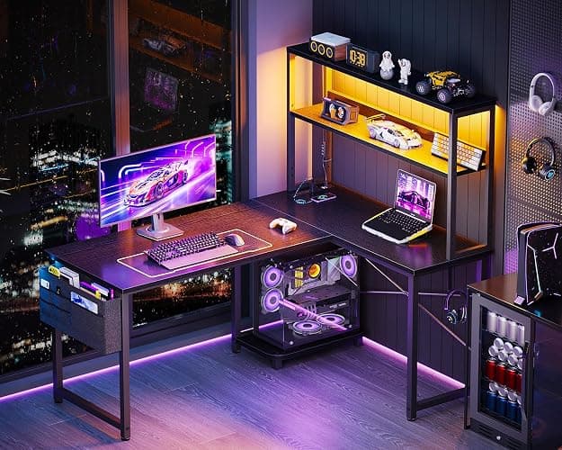 ODK 43" L Shaped Gaming Desk with Shelves, LED & Outlets, Black | Reversible L-shape. LED gaming lights & USB. Headset hook & storage bag. Fits dorms, small bedrooms & compact apartments. thumbnail 2