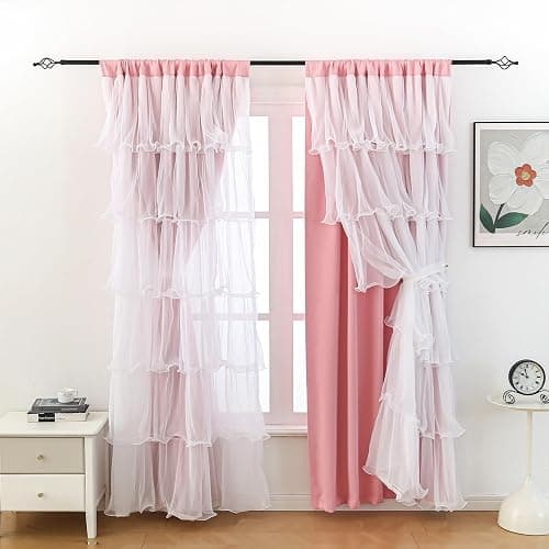 PLEGOS Pink Curtains for Girls Bedroom Blackout Nursery Curtains Double Layer White Ruffle Sheer Overlay for Kids Toddler Room Privacy Room Darkening Window Drapes 52 x 84 Inch thumbnail 4