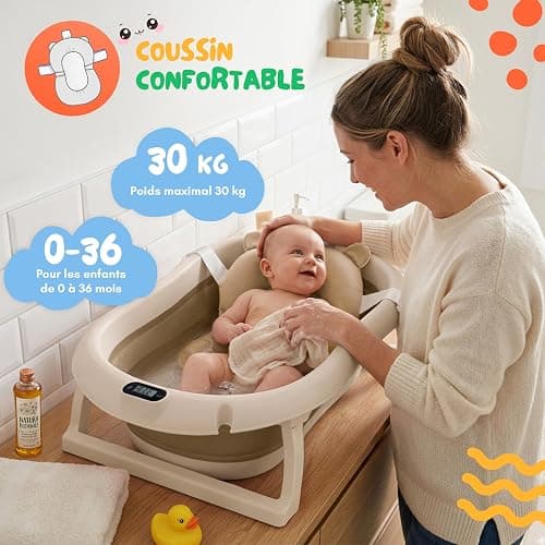 Baignoire pour bébé Pliable - Baignoire pour bébé beige avec thermomètre et coussin de bain - Baignoire pour bébé de 80 cm pour enfants de 0 à 36 mois - Baignoire pour enfant portable antidérapante thumbnail 3