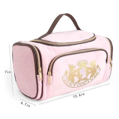 Juicy Couture Pink Makeup Bag Cosmetics Organizer Travel Essentials Duffel Velour Gold Terrier Dog Rhinestone Crown thumbnail 5