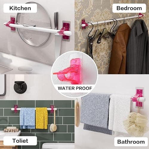 6-Pack No Drill Needed Curtain Rod Holders Brackets, Self Adhesive Rods Holder Hooks, Multipurpose Nail-Free Stick on Curtain Rod Hooks-Transparent Berry Pink thumbnail 4
