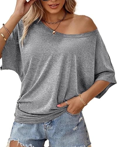 Hilinker Womens Sexy Off The Shoulder Tops Short Batwing Sleeve T Shirt Oversized Casual Tee - Image 1