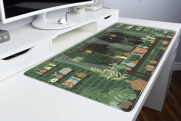 Cute Rainy Night Desk Mat Green Plants Desk Pad, Anime Black Cat Kawaii Large Gaming Mouse Pad, Moonlight Fireflies Deskmat Aesthetic Mousepad XXL, Laptop Keyboard Pad for Women Desk 31.5"x15.75" thumbnail 6