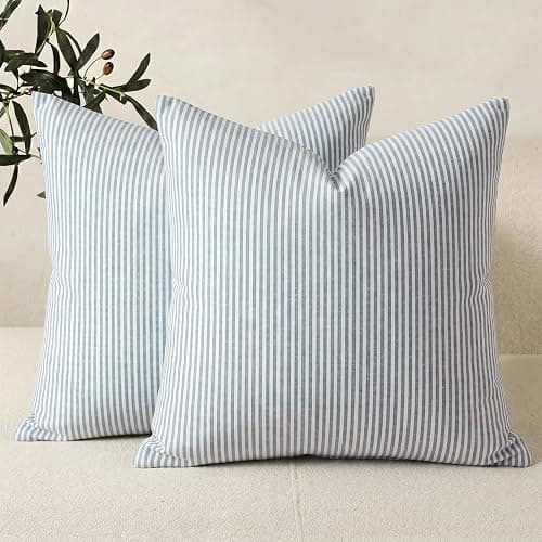 Outdoor Blue Striped Pillow Covers 20x20 Set of 2, Farmhouse Decorative 20 x 20 Pillow Covers, Light Blue and White Outdoor Accent Cushion Covers for Couch Sofa Bedroom Patio Coastal Room Decor - Image 1