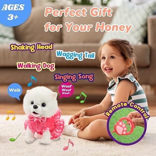 Hopearl Walking Pomeranian Interactive Electronic Pet Dog Toy Remote Control Leash Animated Puppy Nodding Barking Wagging Tail Gifts for Toddlers Birthday, White, 10'' thumbnail 6