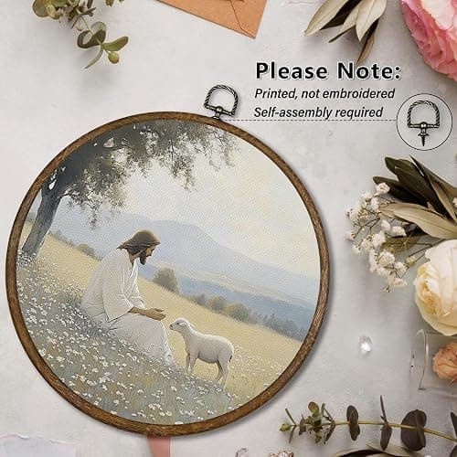 Qskjre Vintage Easter Christian Wall Art Decor, Religious Jesus Sheep Round Wood Framed Canvas Wall Artwork, Farmhouse Lamb Hanging Prints for Church Living Room Bedroom Decorations 10x10inch thumbnail 6