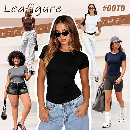 Leafigure 2 Pack Basic Tees for Women | Slim Fit T Shirts, Crewneck, Short Sleeve Crop Tops, Casual Summer, Workout Gym Outfits thumbnail 6