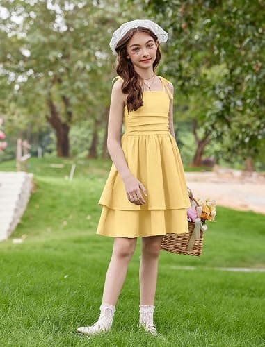Arshiner Girls Summer Spaghetti Strap Dresses Flowy Tiered Ruched Smocked Back Casual Beach Midi Sundress thumbnail 4